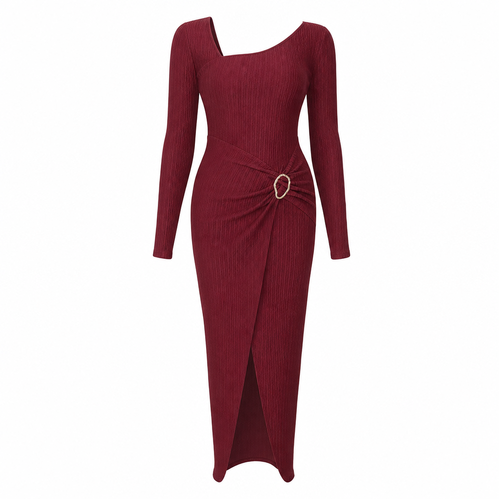 Robe longue en maille texturée unisexe pour femme, col irrégulier, automne-hiver