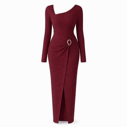 Robe longue en maille texturée unisexe pour femme, col irrégulier, automne-hiver