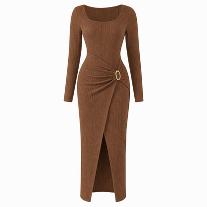Robe longue en maille texturée unisexe pour femme, col irrégulier, automne-hiver