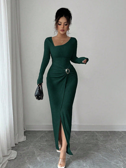 Robe longue en maille texturée unisexe pour femme, col irrégulier, automne-hiver