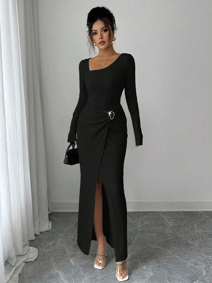 Robe longue en maille texturée unisexe pour femme, col irrégulier, automne-hiver