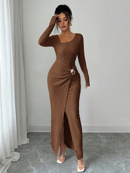 Robe longue en maille texturée unisexe pour femme, col irrégulier, automne-hiver
