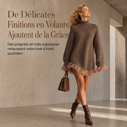 Robe pulls oversize en maille à col montant et bordure volant en tulle
