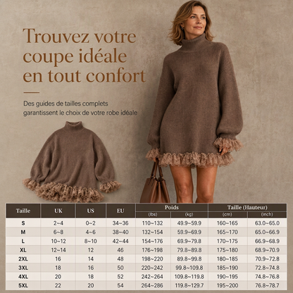 Robe pulls oversize en maille à col montant et bordure volant en tulle