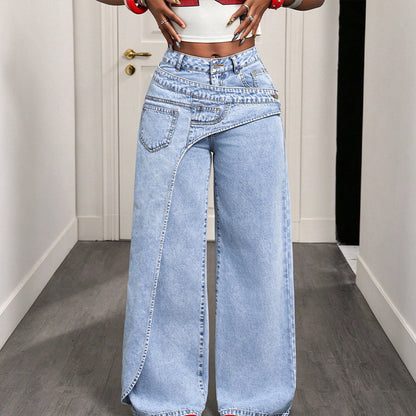 Jeans large à coupe asymétrique superposée tendance pour femmes