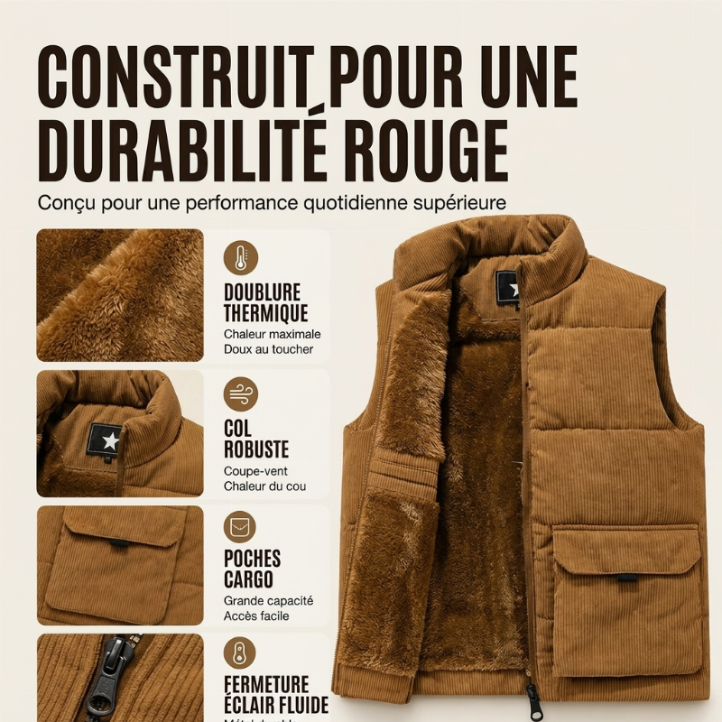 Gilet matelassé en velours côtelé épais pour homme