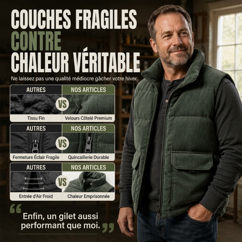 Gilet matelassé en velours côtelé épais pour homme