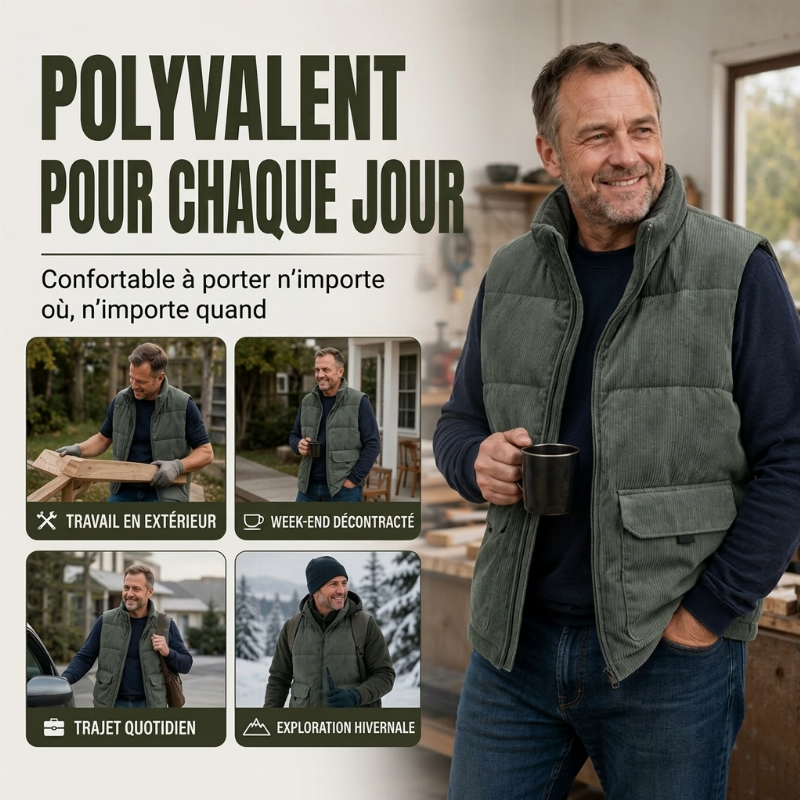 Gilet matelassé en velours côtelé épais pour homme