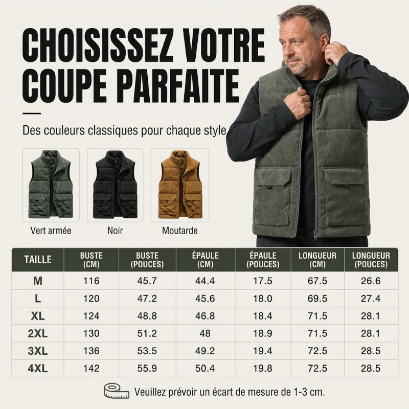 Gilet matelassé en velours côtelé épais pour homme