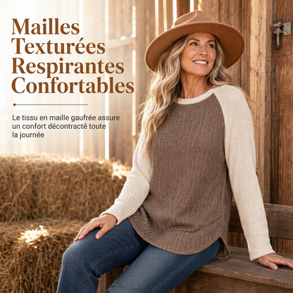 Haut en maille à manches longues raglan de style Western Ranch pour femme, en tissu gaufre texturé avec ourlet incurvé