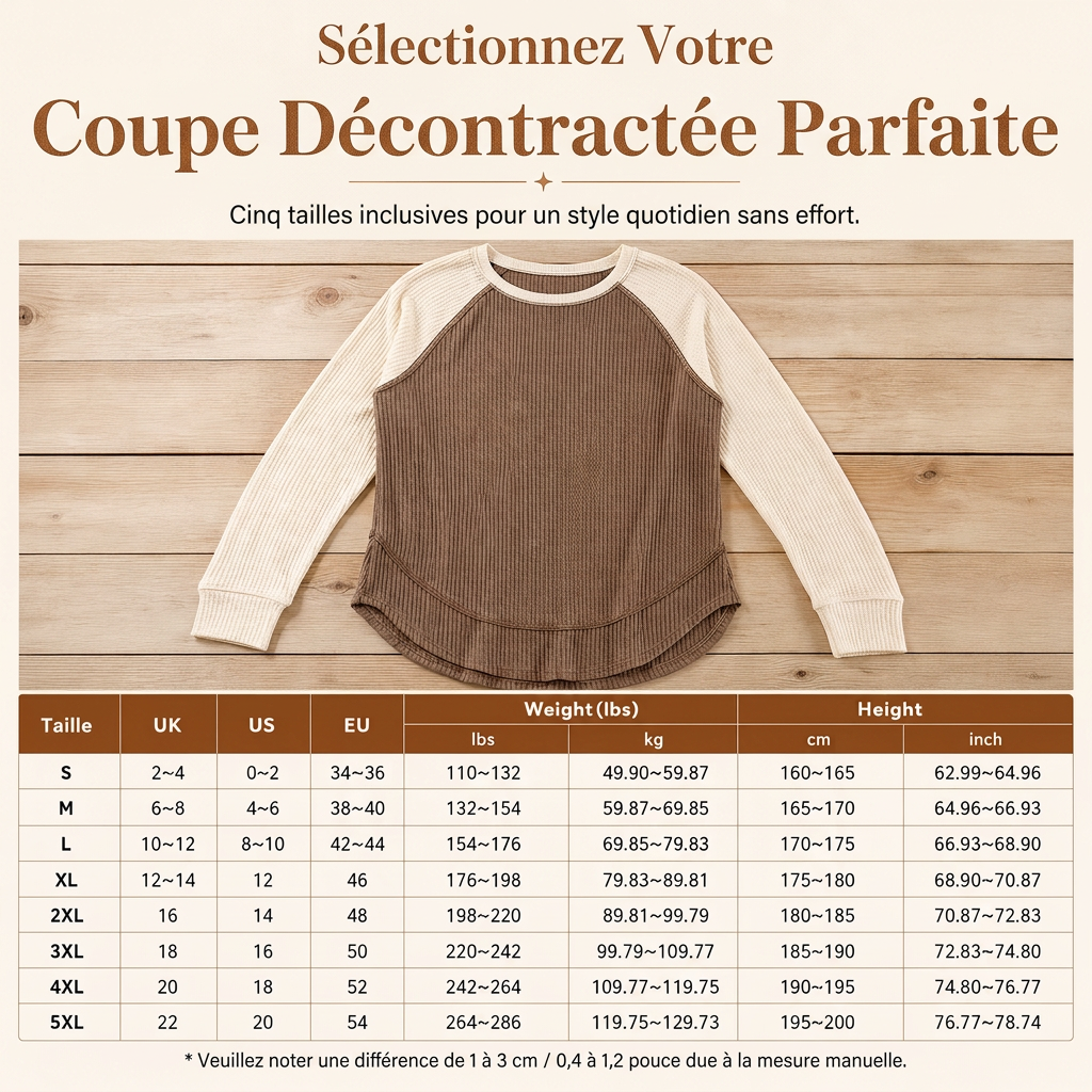 Haut en maille à manches longues raglan de style Western Ranch pour femme, en tissu gaufre texturé avec ourlet incurvé