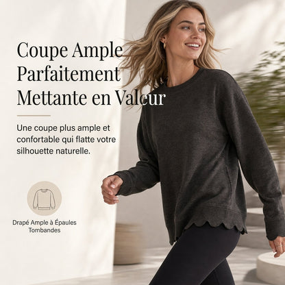 Pull col rond ourlet festonné pour femme