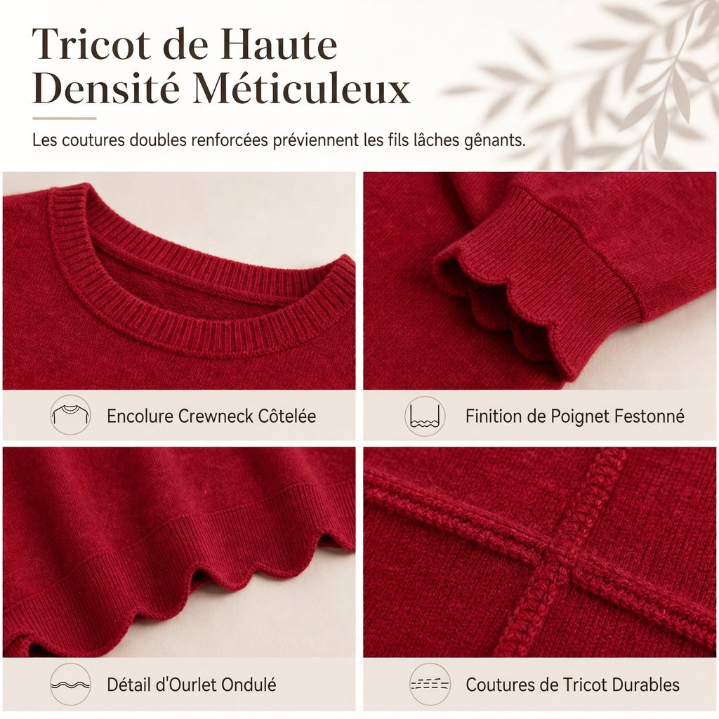 Pull col rond ourlet festonné pour femme