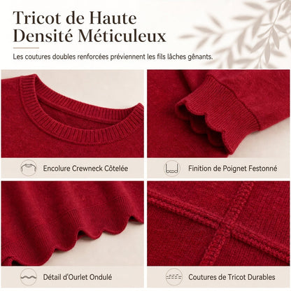 Pull col rond ourlet festonné pour femme
