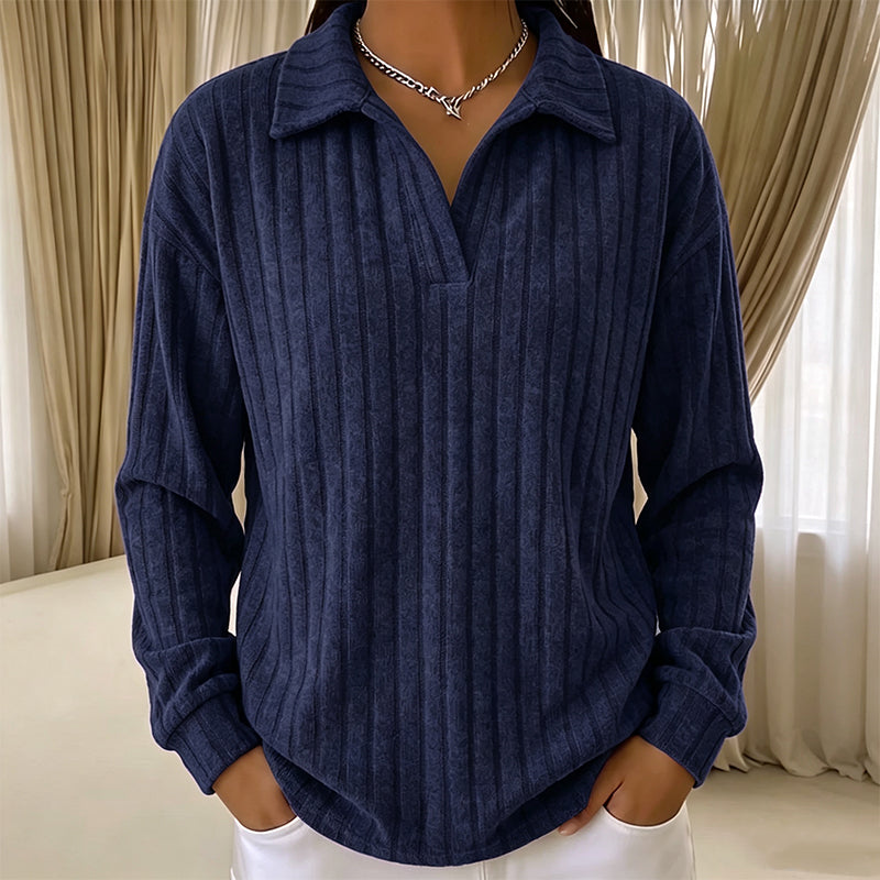 Pull en maille côtelée confortable à col en V pour femme