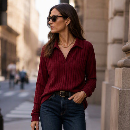 Pull en maille côtelée confortable à col en V pour femme