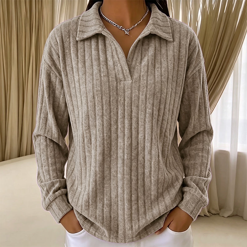 Pull en maille côtelée confortable à col en V pour femme