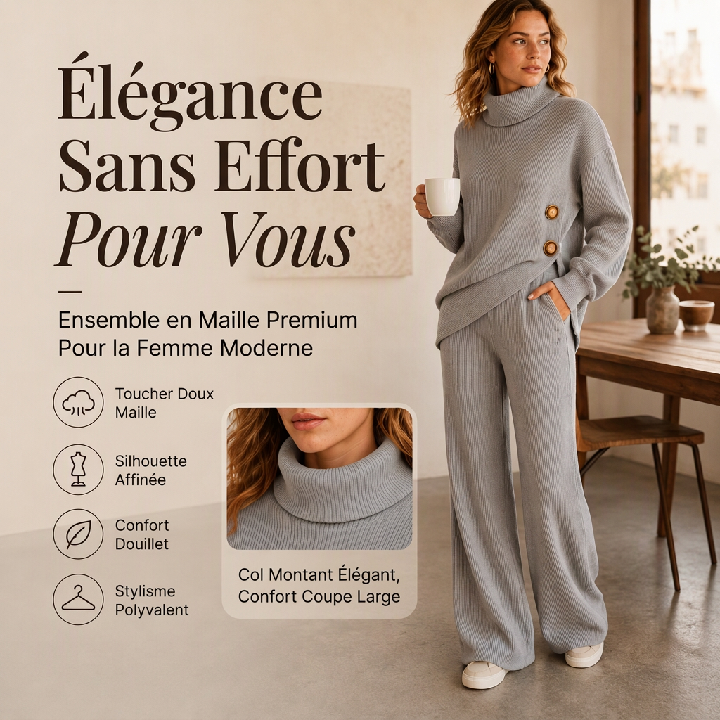 Ensemble femme en maille : pull col roulé et pantalon large