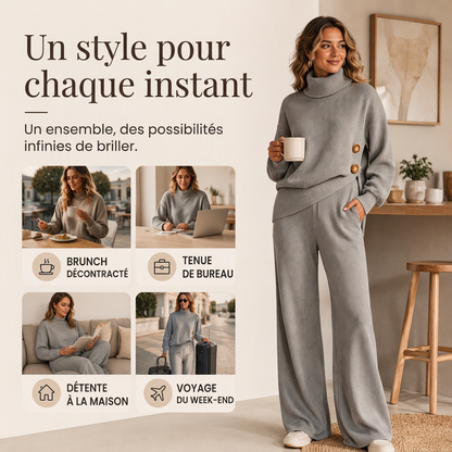 Ensemble femme en maille : pull col roulé et pantalon large
