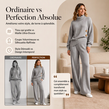 Ensemble femme en maille : pull col roulé et pantalon large