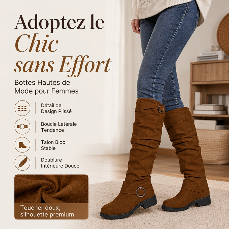 Bottes hautes genoux à style slouchy pour femme, avec boucle de ceinture