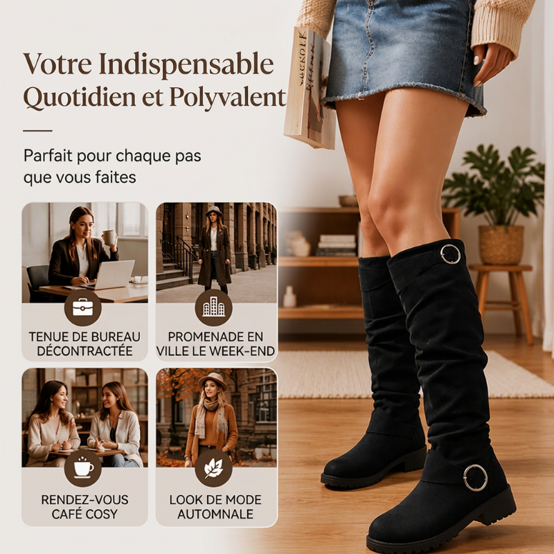 Bottes hautes genoux à style slouchy pour femme, avec boucle de ceinture