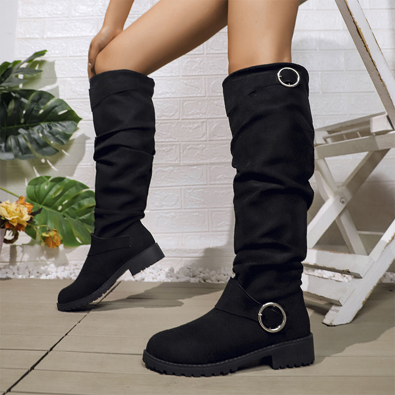 Bottes hautes genoux à style slouchy pour femme, avec boucle de ceinture