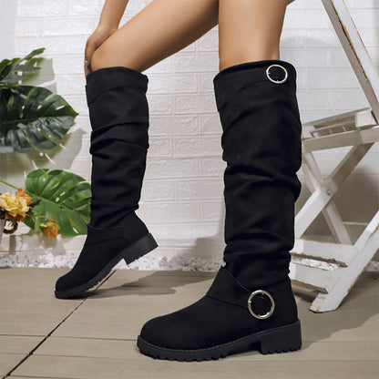 Bottes hautes genoux à style slouchy pour femme, avec boucle de ceinture