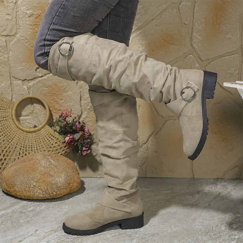 Bottes hautes genoux à style slouchy pour femme, avec boucle de ceinture