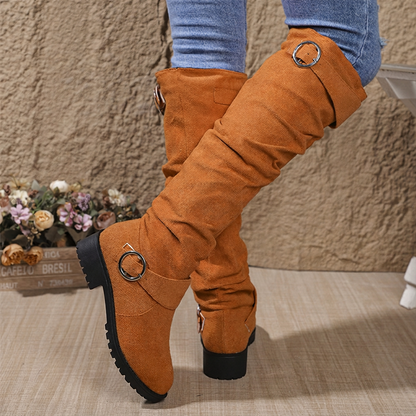 Bottes hautes genoux à style slouchy pour femme, avec boucle de ceinture