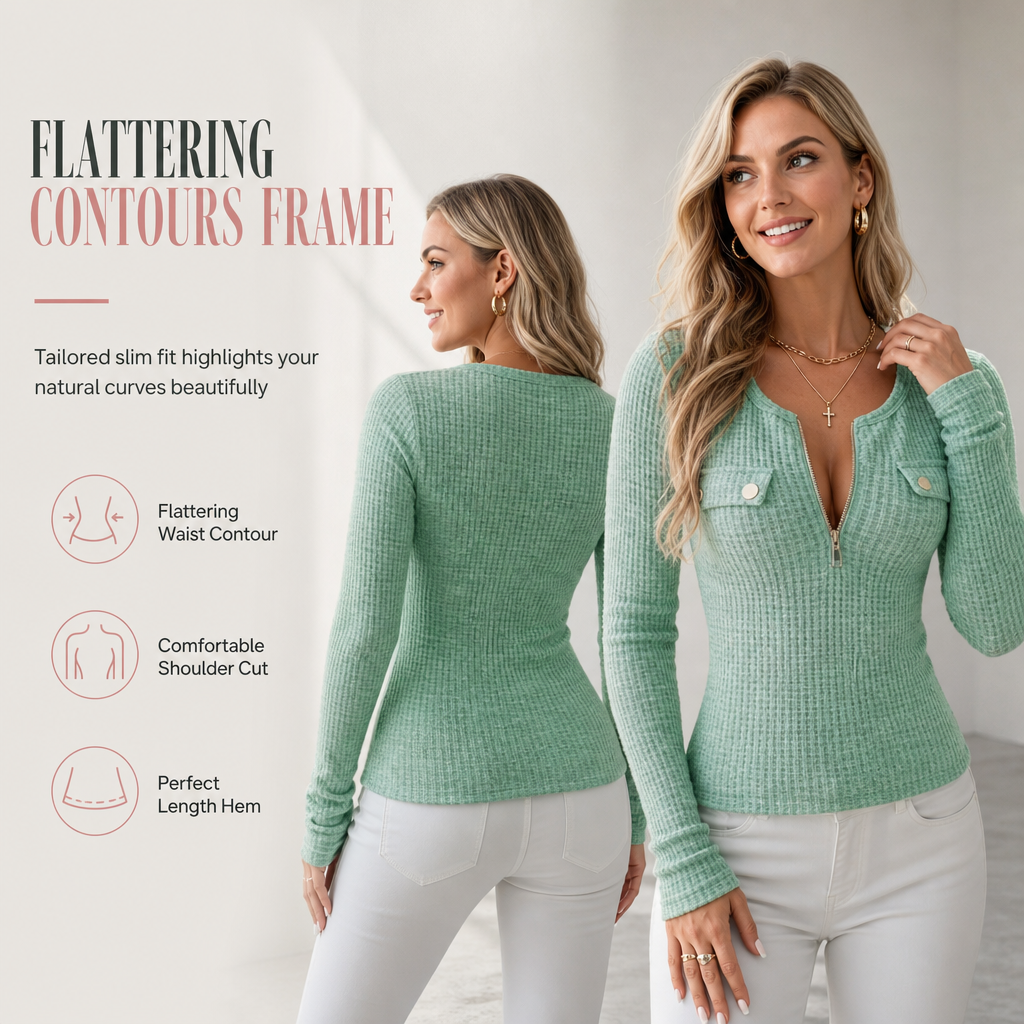🌸Promotion exceptionnelle : 50 % de réduction💖Pull en maille à manches longues, col en V et demi-zip pour femme
