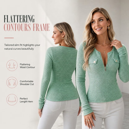 🌸Promotion exceptionnelle : 50 % de réduction💖Pull en maille à manches longues, col en V et demi-zip pour femme