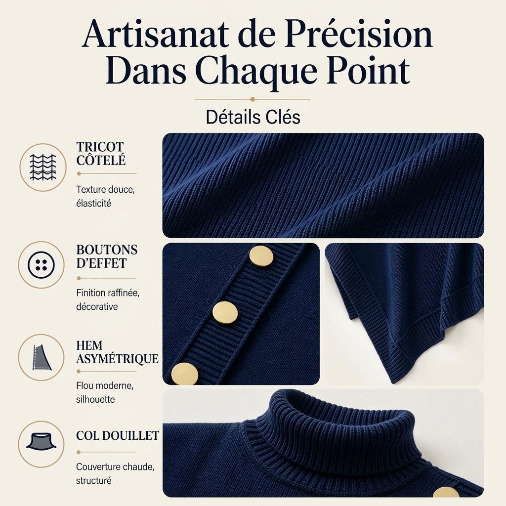 Poncho pull en col roulé asymétrique pour femme