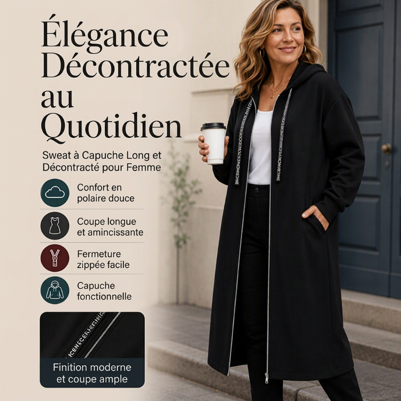 Veste à capuche zippée longue et décontractée pour femmes