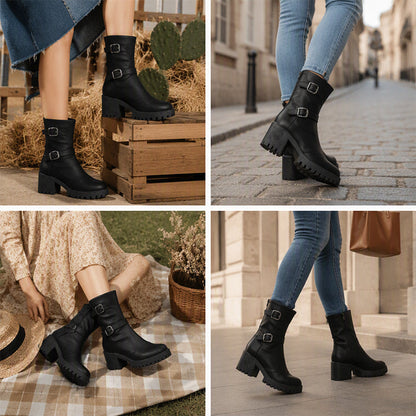Bottes mi-mollet à semelle compensée épaisse et boucle pour femme