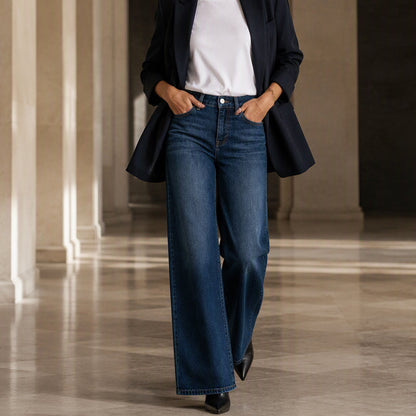 Jean stretch à coupe large et taille haute pour femme