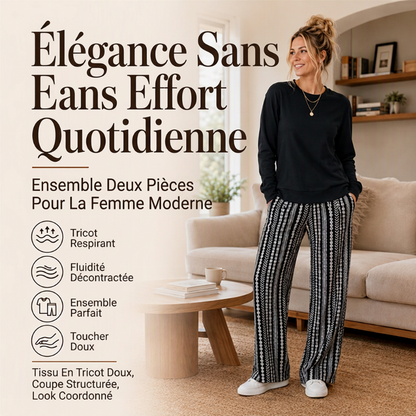 Ensemble décontracté femme : haut col rond et pantalon imprimé