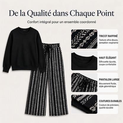 Ensemble décontracté femme : haut col rond et pantalon imprimé