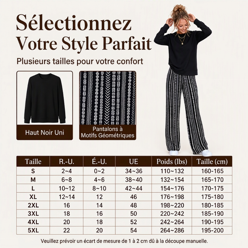Ensemble décontracté femme : haut col rond et pantalon imprimé