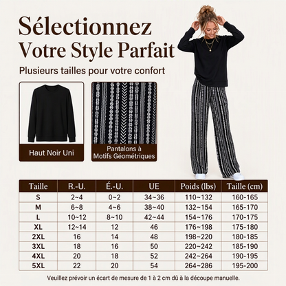 Ensemble décontracté femme : haut col rond et pantalon imprimé