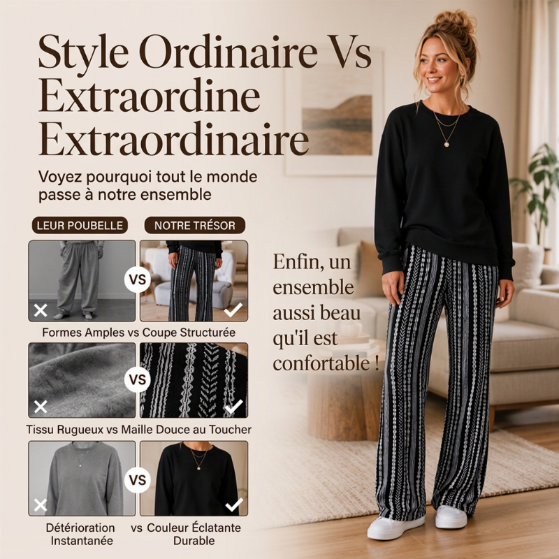 Ensemble décontracté femme : haut col rond et pantalon imprimé