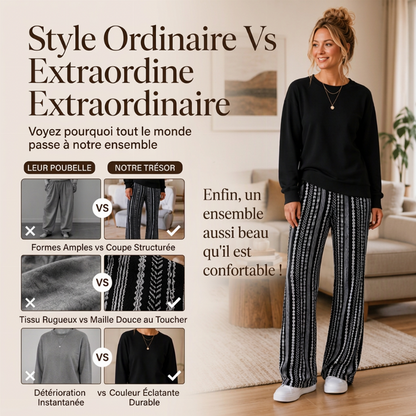 Ensemble décontracté femme : haut col rond et pantalon imprimé