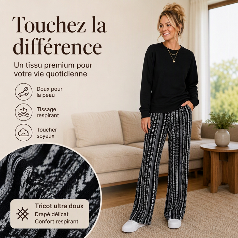 Ensemble décontracté femme : haut col rond et pantalon imprimé