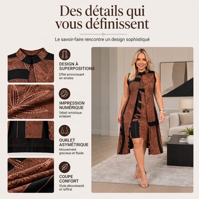 Robe femme élégante sans manches, effet deux pièces
