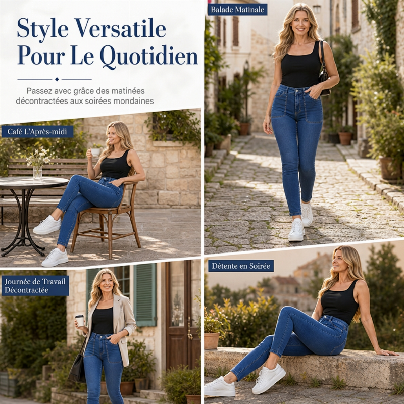 Jean décontracté extensible taille haute pour femme