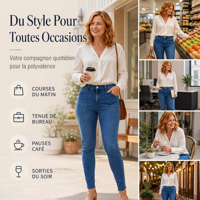 Jean décontracté extensible taille haute pour femme