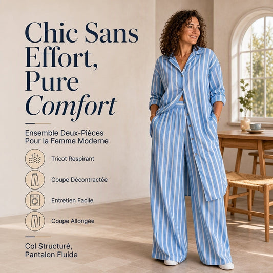 Ensemble pour femme composé d'une chemise rayée allongée et d'un pantalon à jambe large
