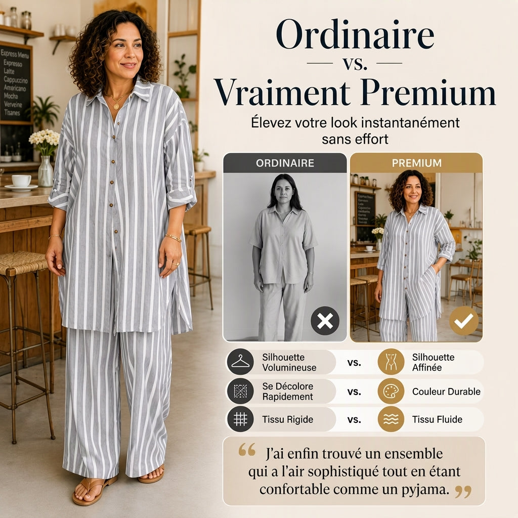 Ensemble pour femme composé d'une chemise rayée allongée et d'un pantalon à jambe large