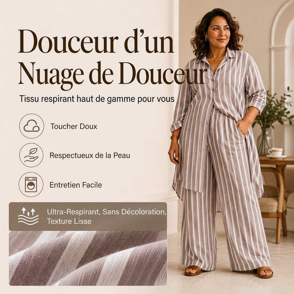Ensemble pour femme composé d'une chemise rayée allongée et d'un pantalon à jambe large