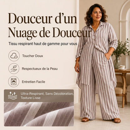 Ensemble pour femme composé d'une chemise rayée allongée et d'un pantalon à jambe large